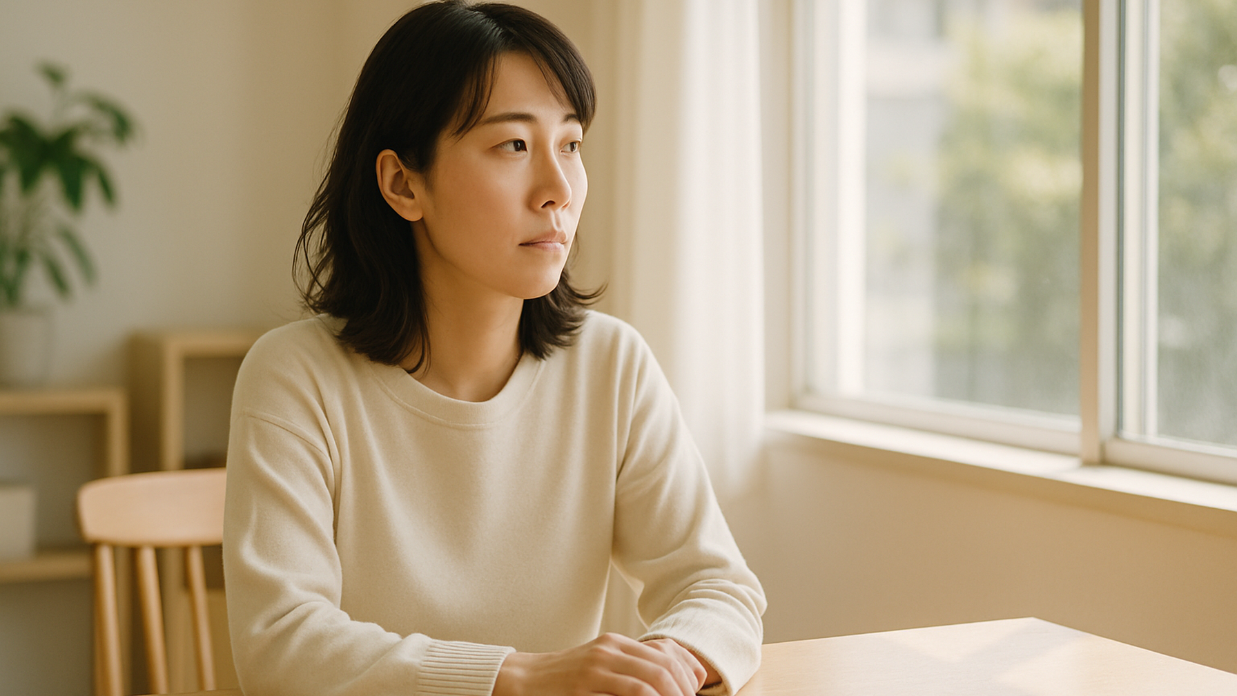 窓の外を見つめる女性——静かな物思いと前向きな一歩