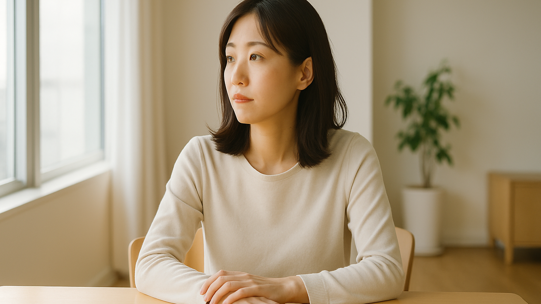 窓の外を見つめる女性——静かな物思いと前向きな一歩