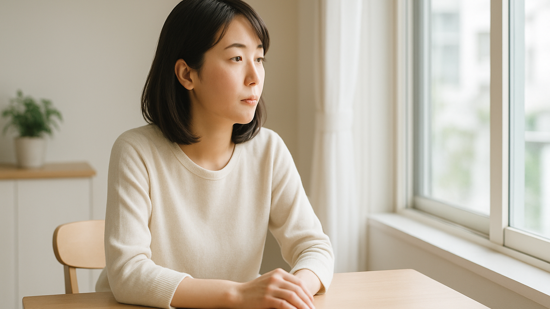 窓の外を見つめる女性——静かな物思いと前向きな一歩