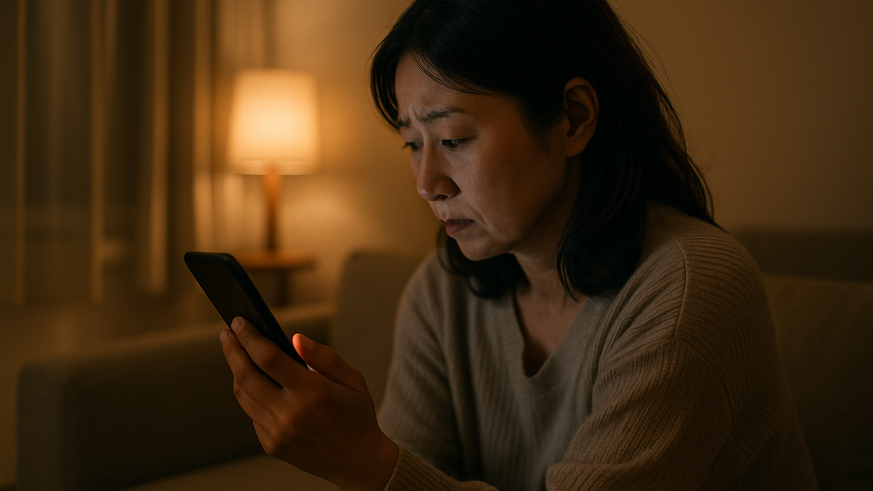 パートナーの浮気を疑い一人スマホを見つめる女性のイメージ
