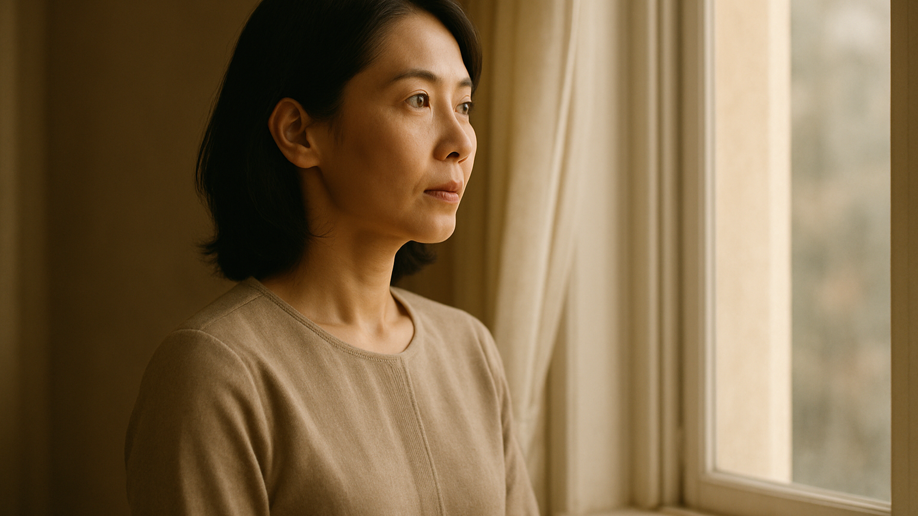 窓の外を見つめる女性——決断を終えた静かな覚悟と前向きな一歩