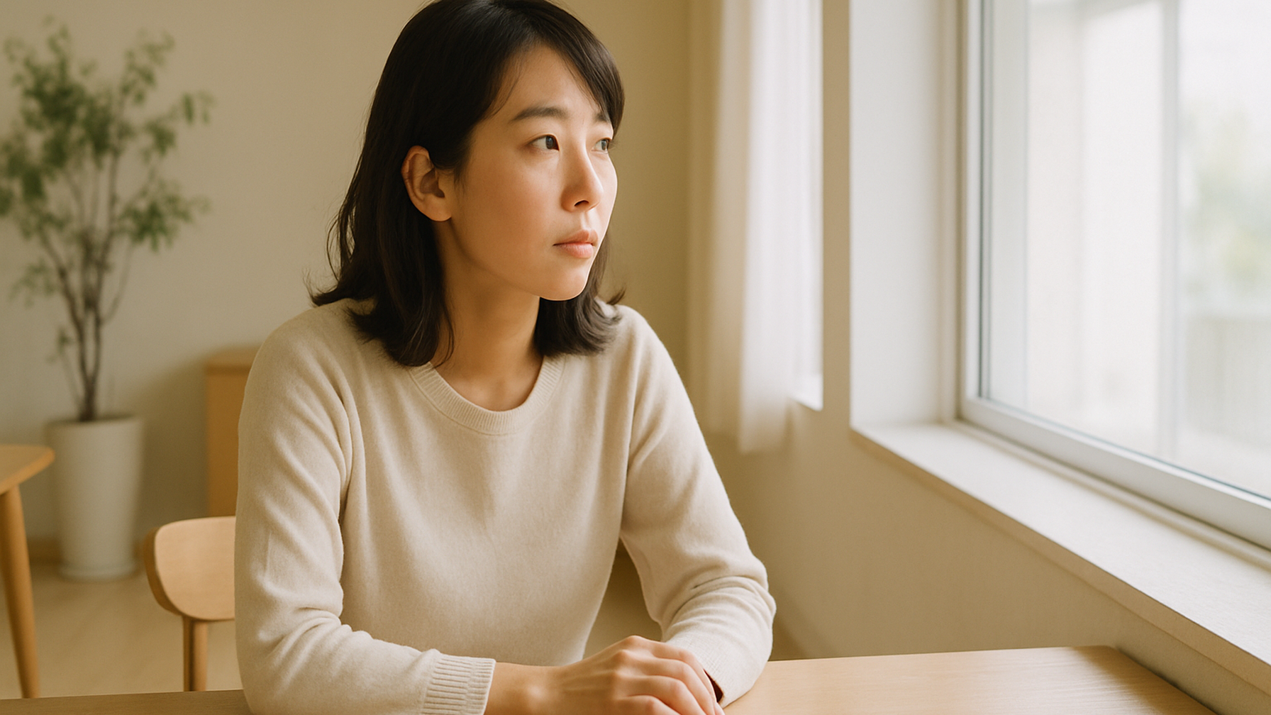 窓の外を見つめる女性——静かな物思いと前向きな一歩