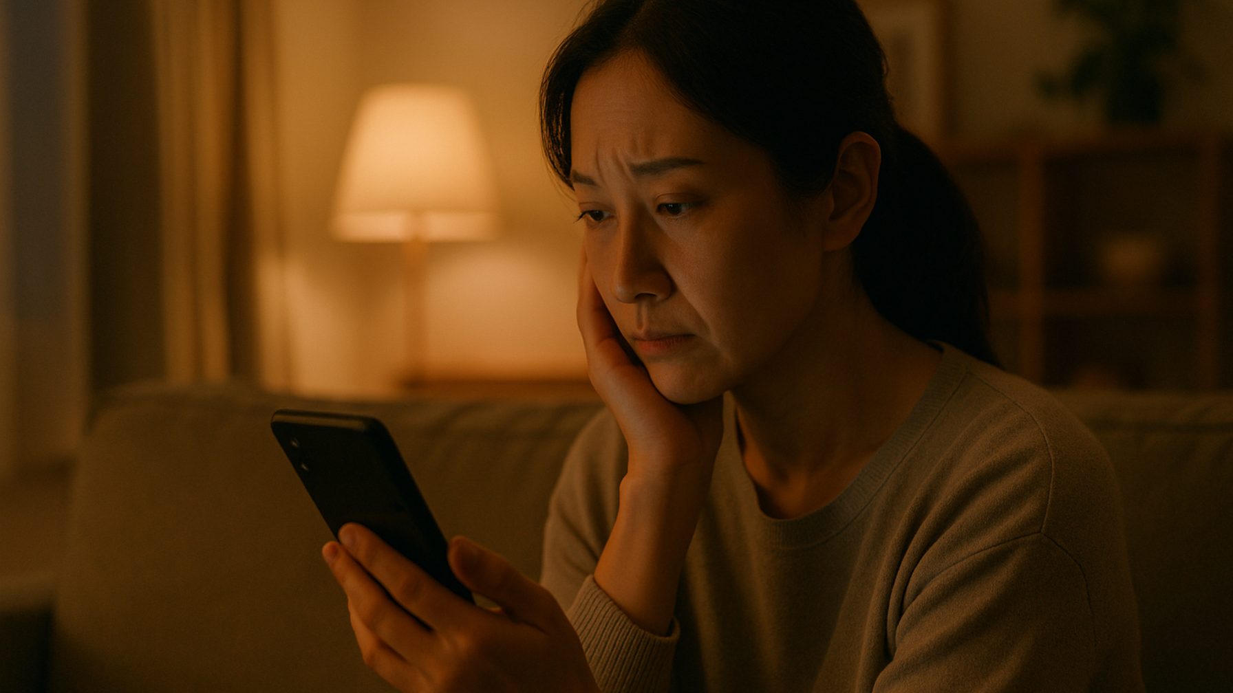 パートナーの浮気を疑い一人スマホを見つめる女性のイメージ