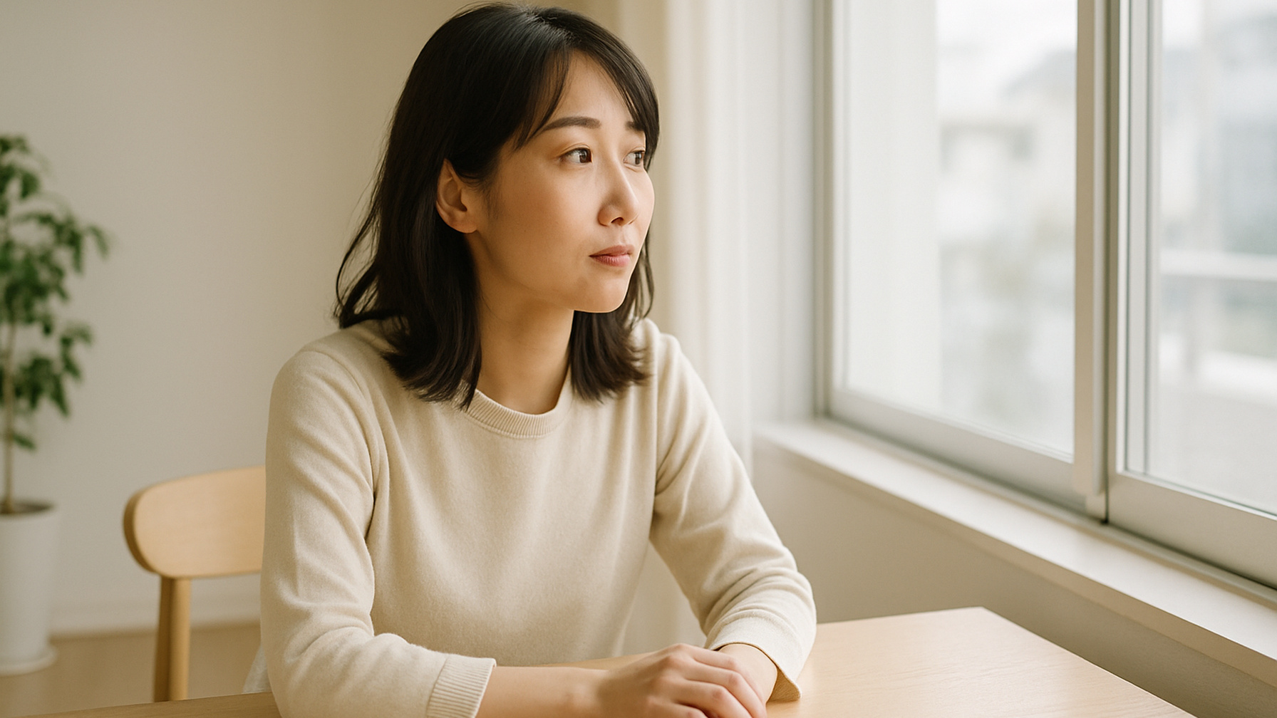 窓の外を見つめる女性——静かな物思いと前向きな一歩