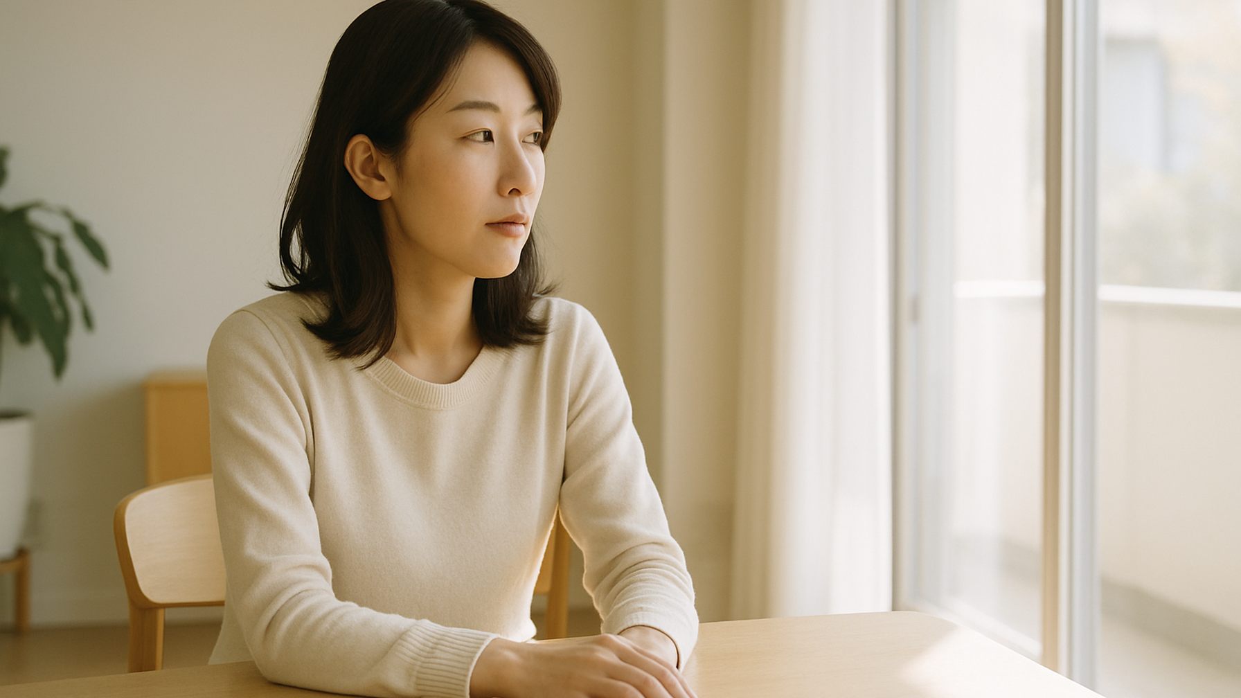 窓の外を見つめる女性——静かな物思いと前向きな一歩