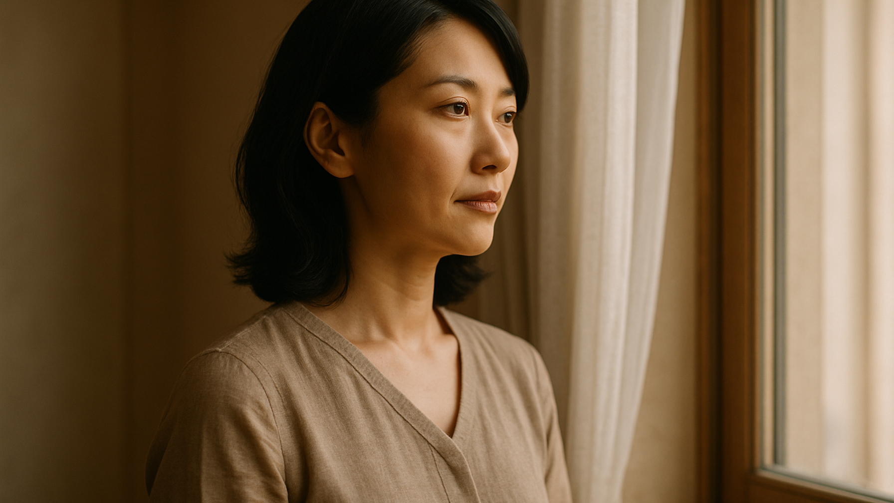 窓の外を見つめる女性——決断を終えた静かな覚悟と前向きな一歩