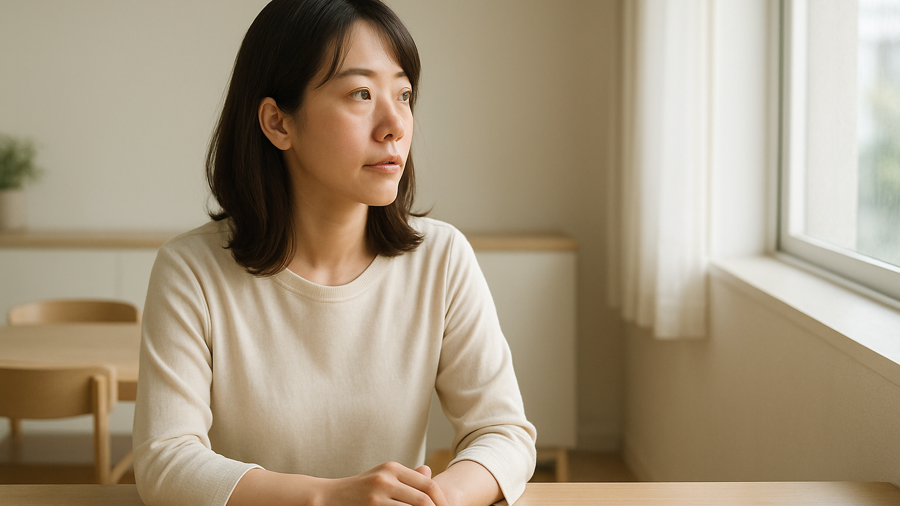 窓の外を見つめる女性——静かな物思いと前向きな一歩