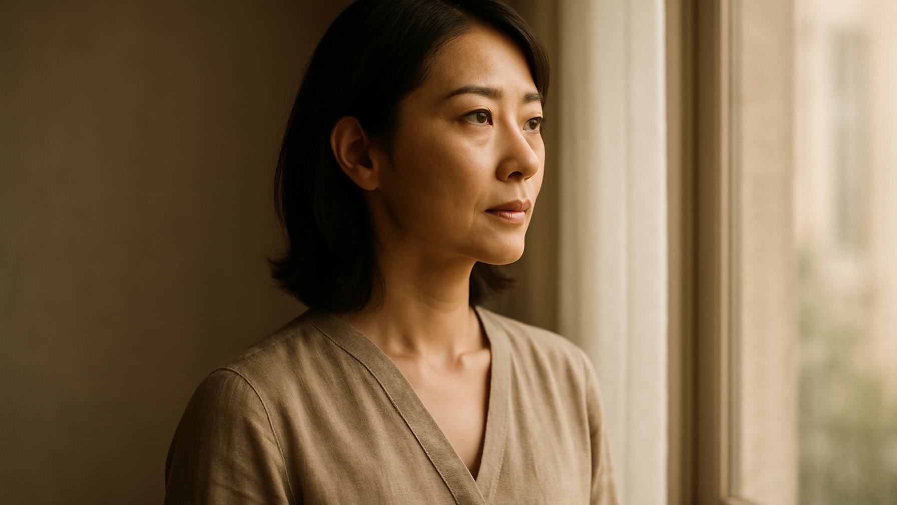 窓の外を見つめる女性——決断を終えた静かな覚悟と前向きな一歩