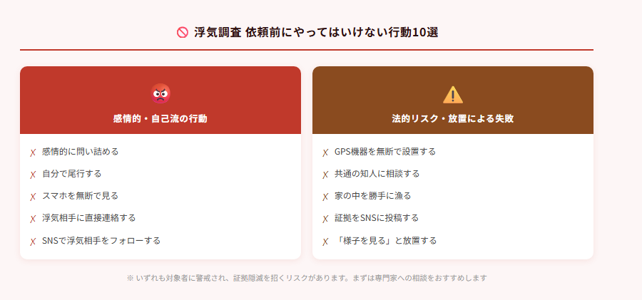 浮気調査を依頼する前にやってはいけない行動10選のチェックリスト図解