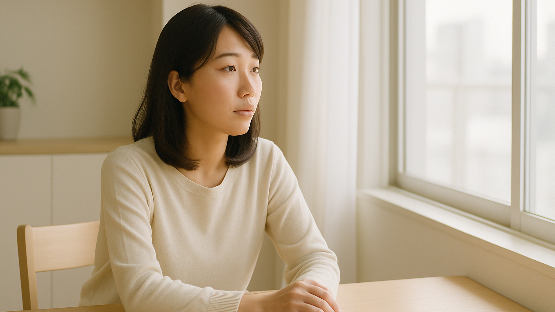 窓の外を見つめる女性——静かな物思いと前向きな一歩