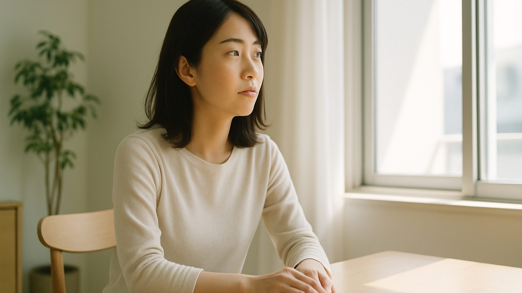 窓の外を見つめる女性——静かな物思いと前向きな一歩