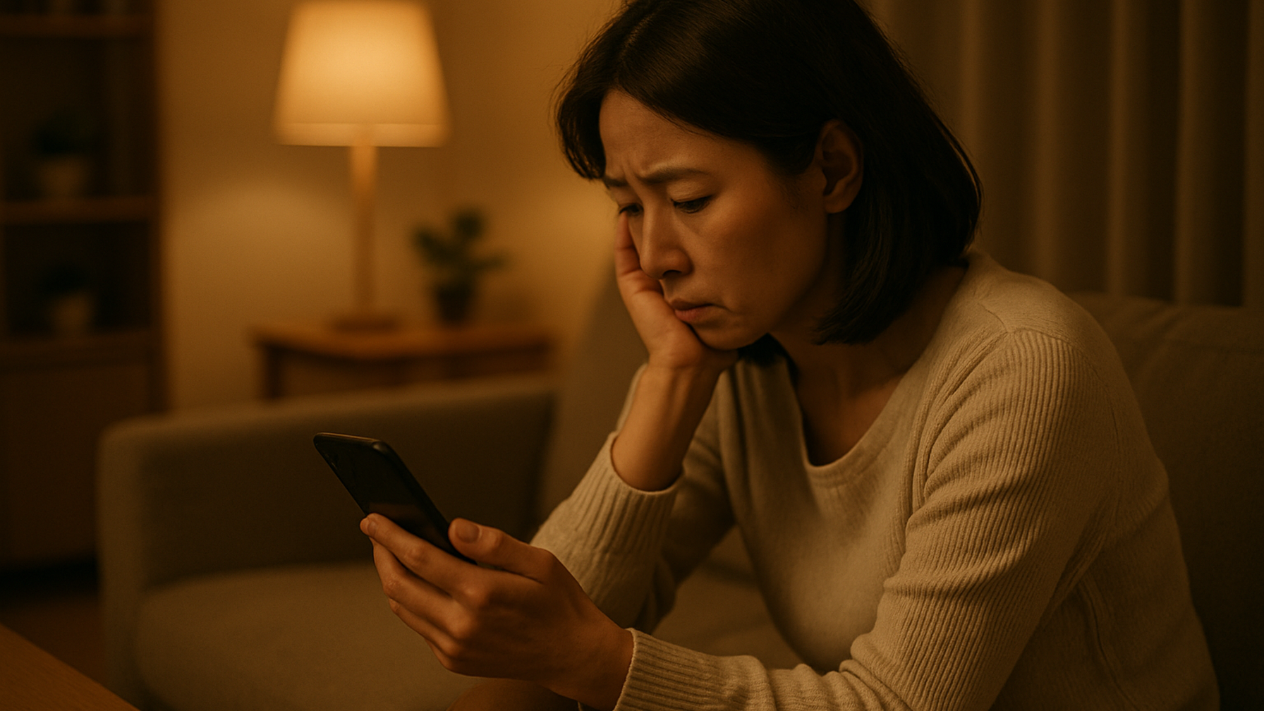 パートナーの浮気を疑い一人スマホを見つめる女性のイメージ
