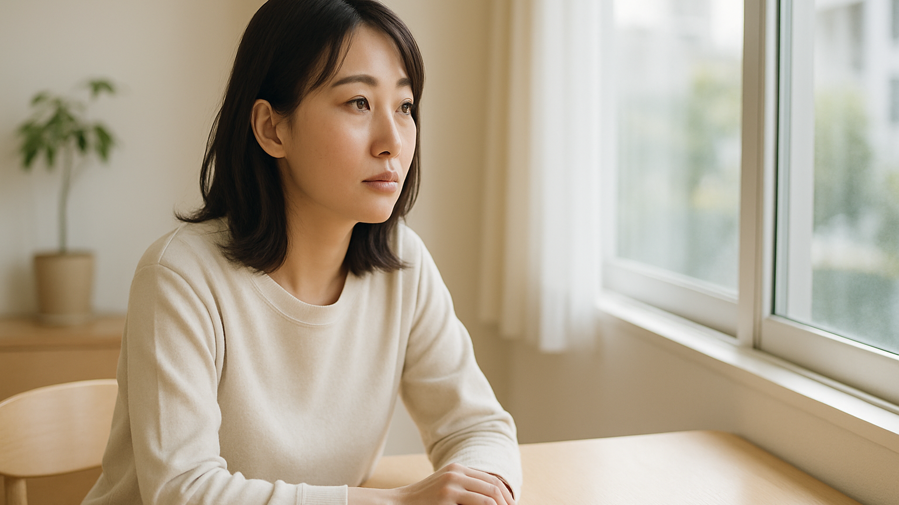 窓の外を見つめる女性——静かな物思いと前向きな一歩