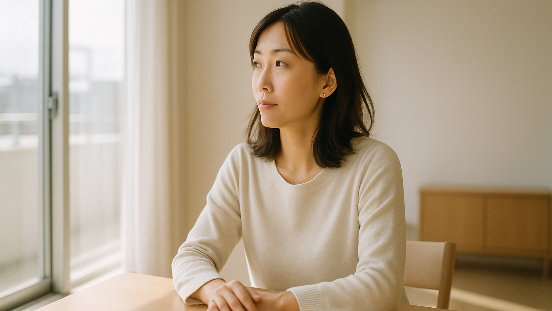 窓の外を見つめる女性——静かな物思いと前向きな一歩