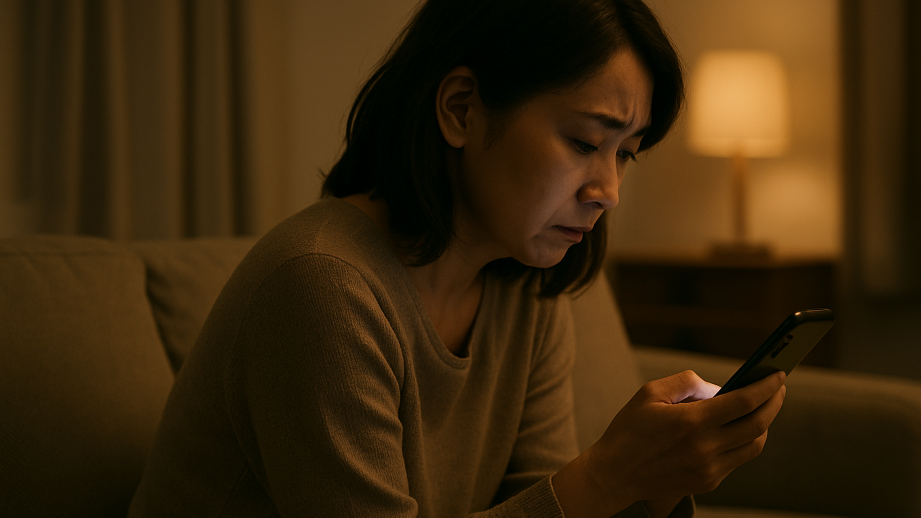 パートナーの浮気を疑い一人スマホを見つめる女性のイメージ