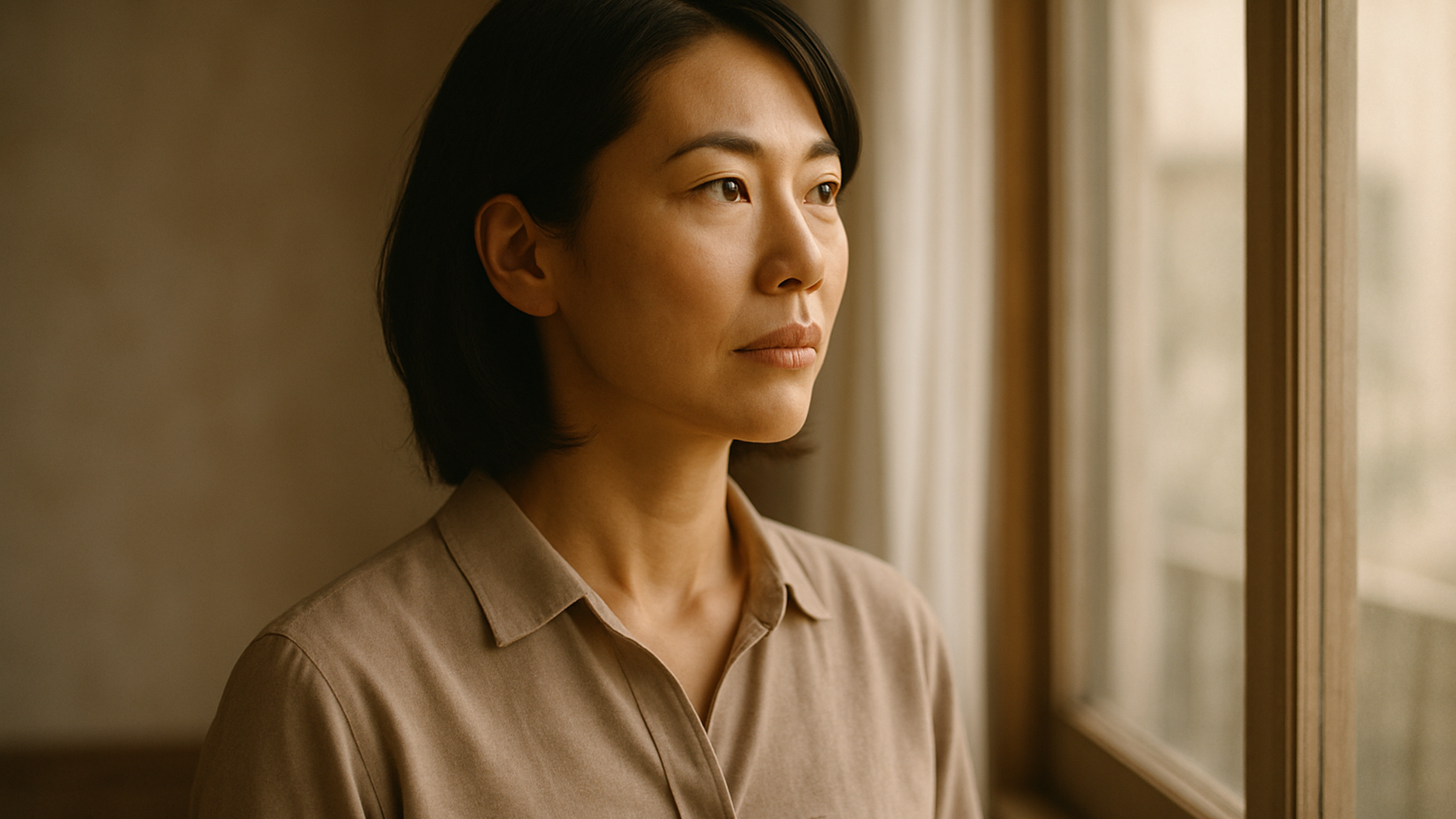 窓の外を見つめる女性——決断を終えた静かな覚悟と前向きな一歩