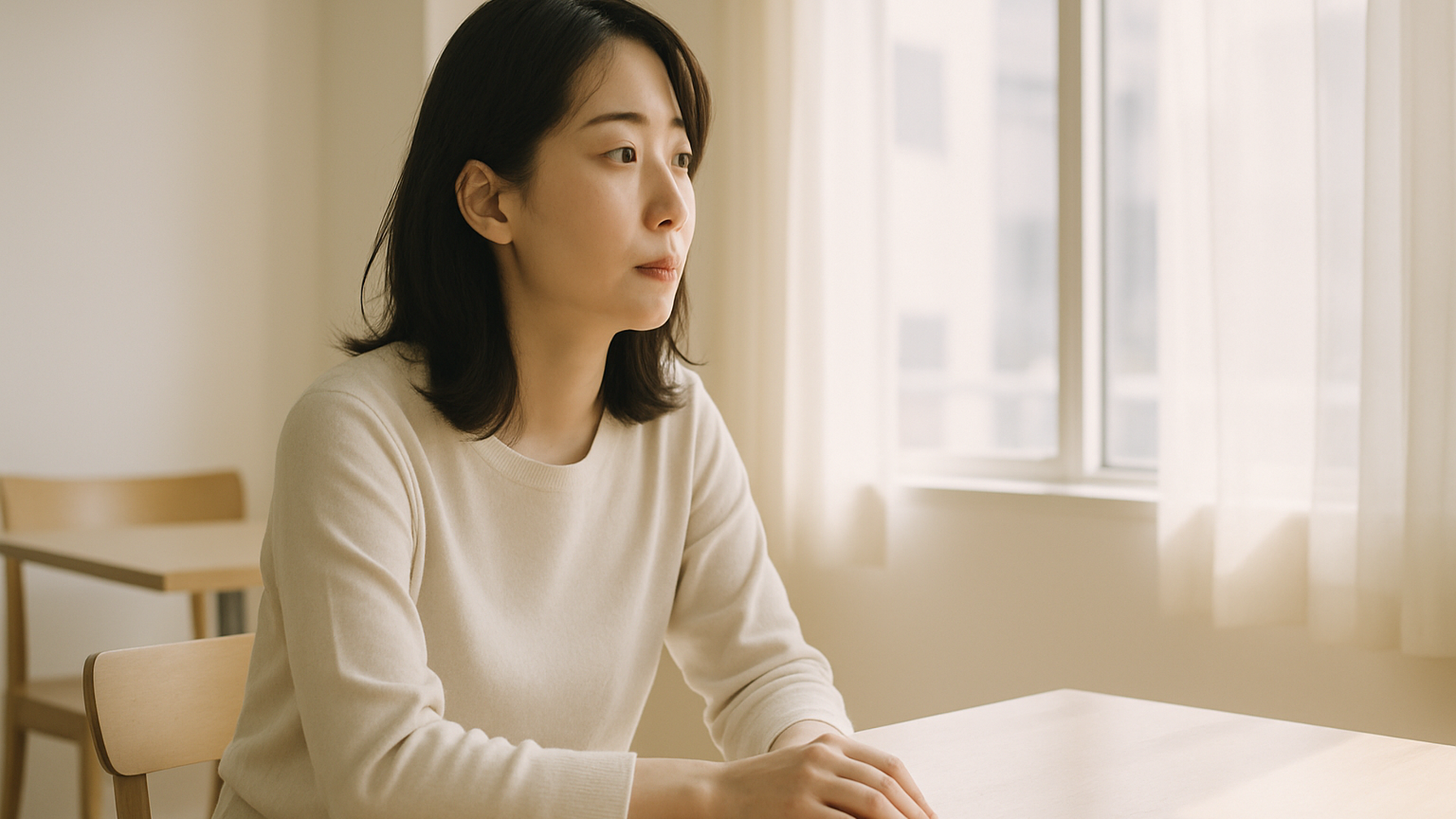 窓の外を見つめる女性——静かな物思いと前向きな一歩