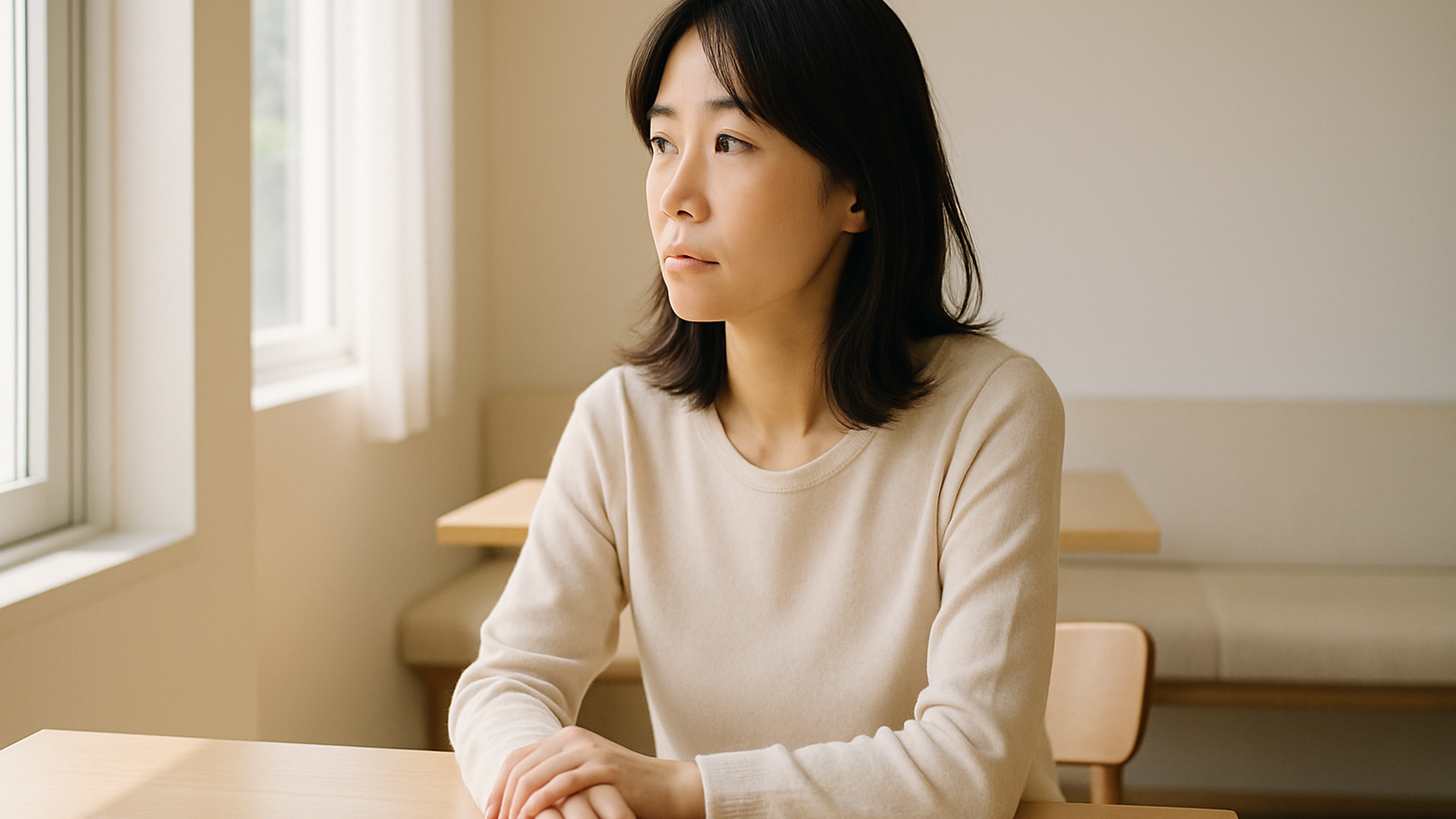 窓の外を見つめる女性——静かな物思いと前向きな一歩