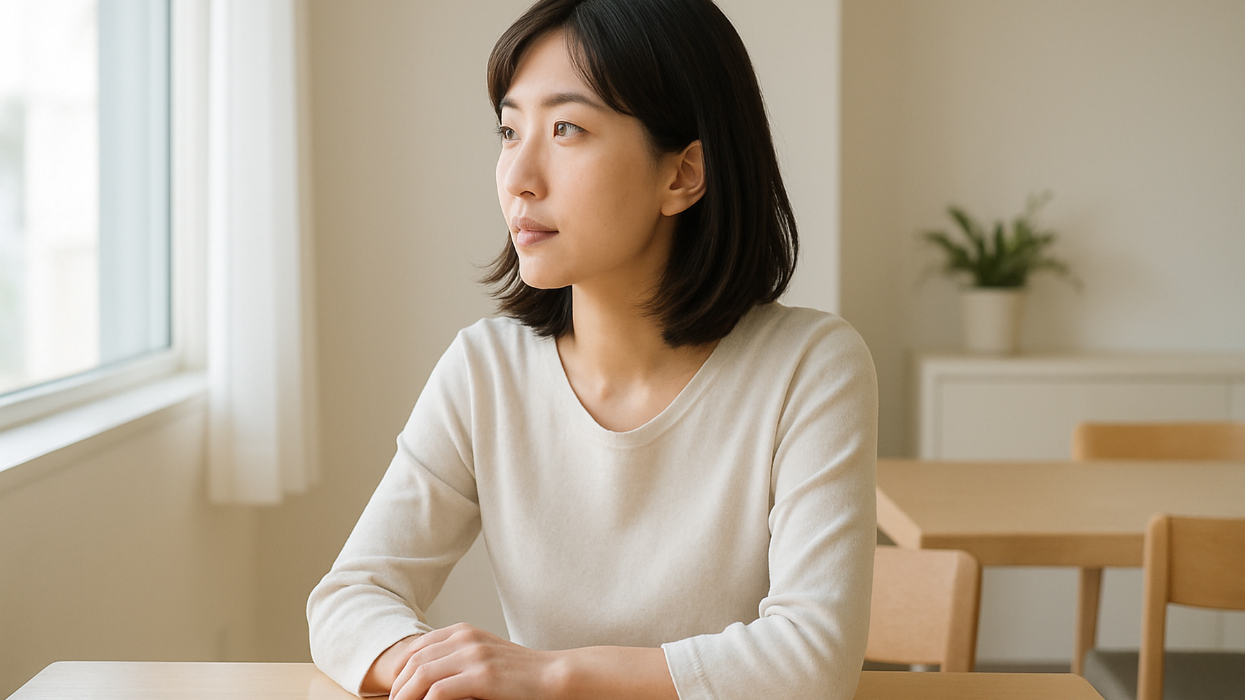 窓の外を見つめる女性——静かな物思いと前向きな一歩