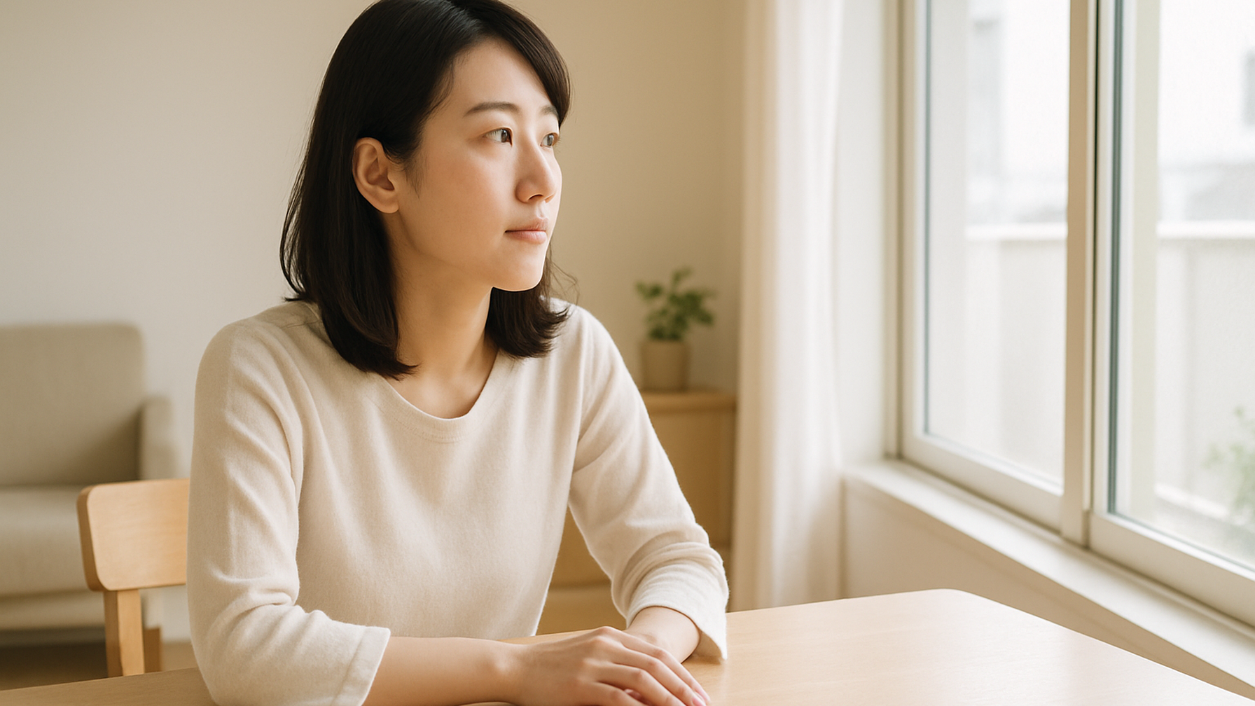 窓の外を見つめる女性——静かな物思いと前向きな一歩