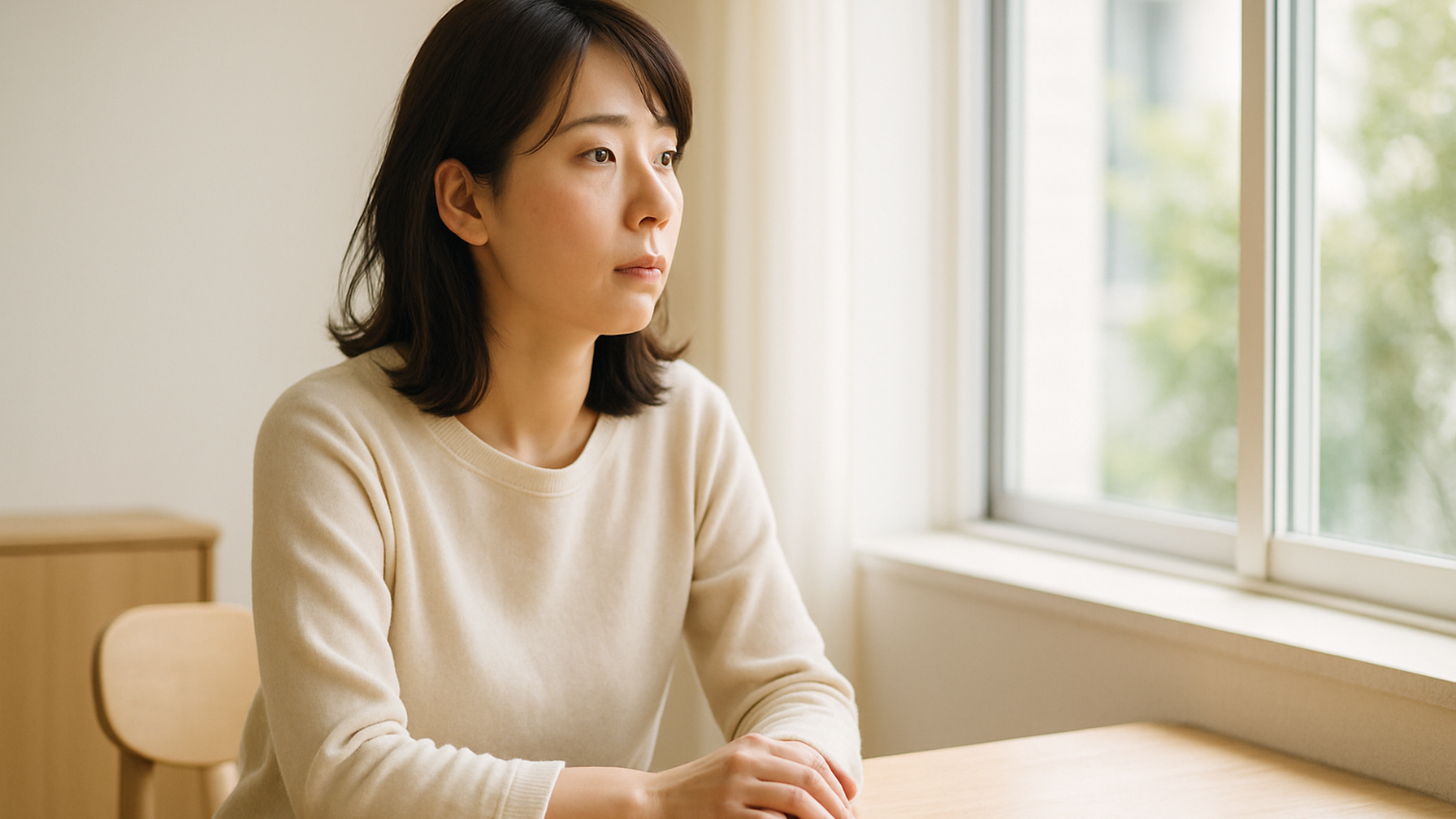窓の外を見つめる女性——静かな物思いと前向きな一歩