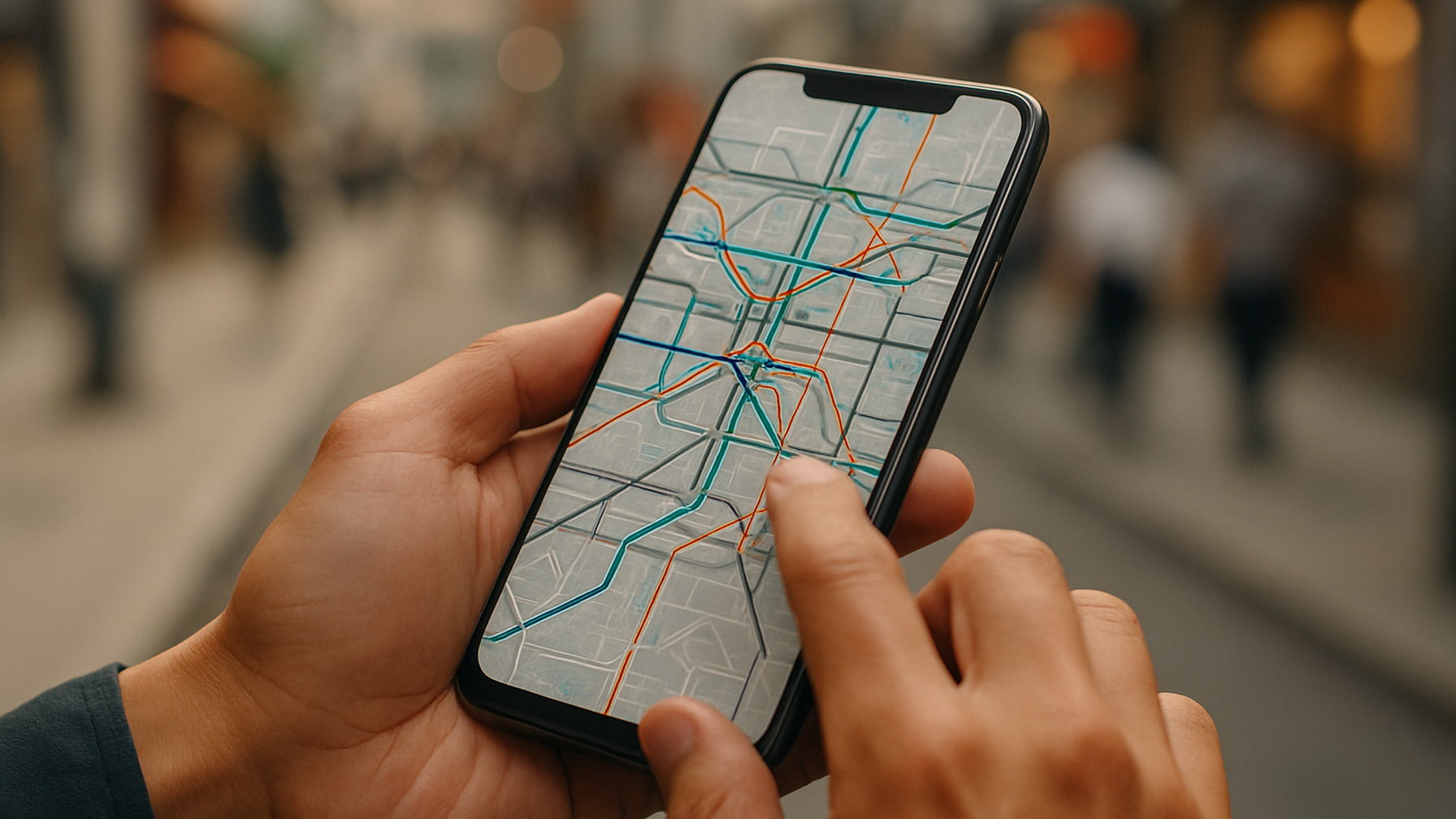 スマホで乗換案内を確認し調査を行うイメージ