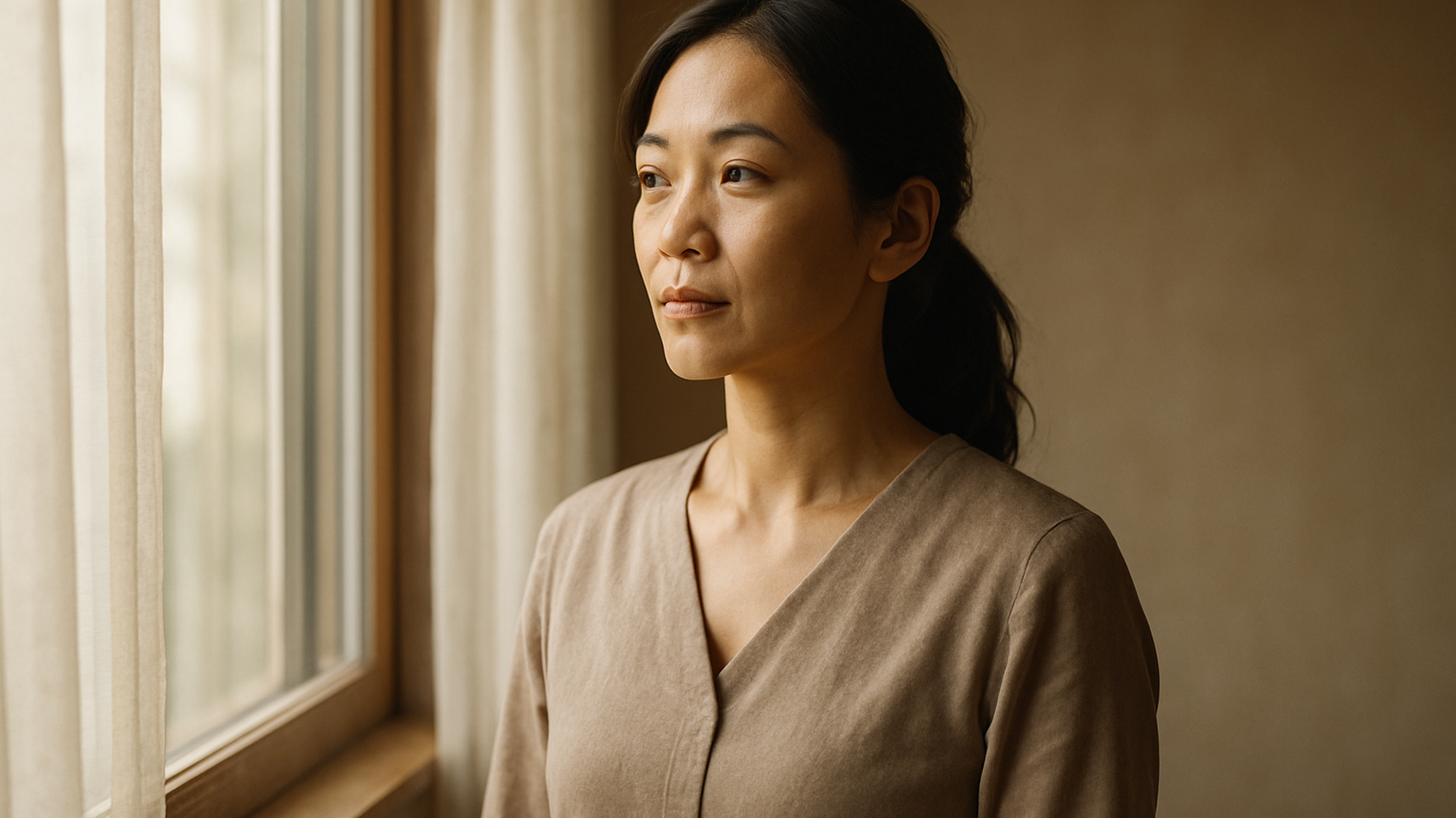 窓の外を見つめる女性——決断を終えた静かな覚悟と前向きな一歩