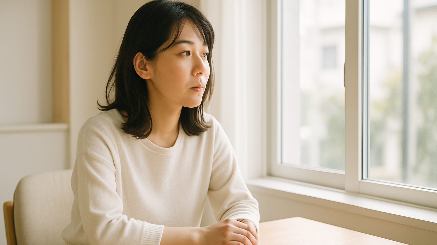 窓の外を見つめる女性——静かな物思いと前向きな一歩