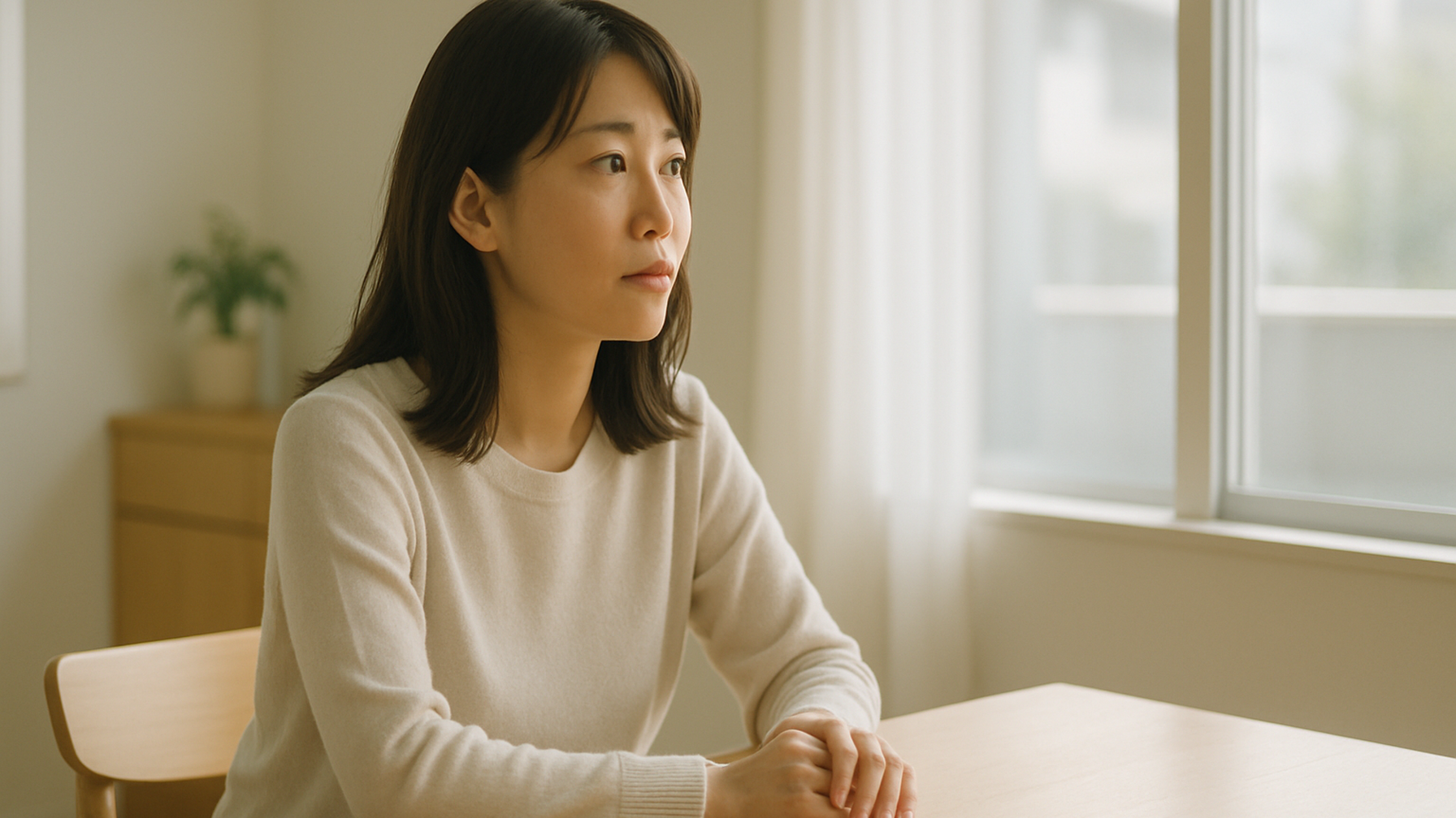 窓の外を見つめる女性——静かな物思いと前向きな一歩