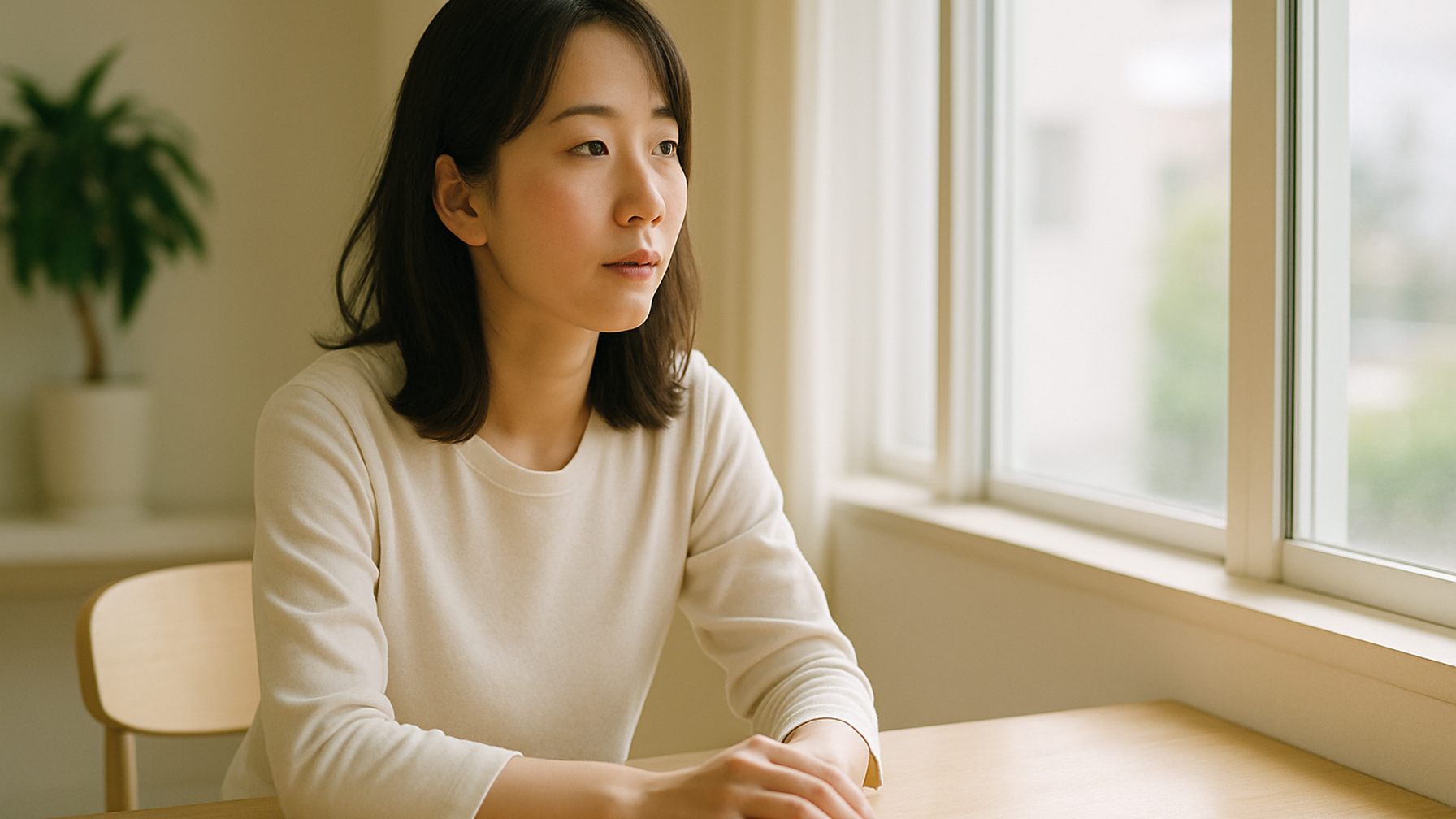 窓の外を見つめる女性——静かな物思いと前向きな一歩
