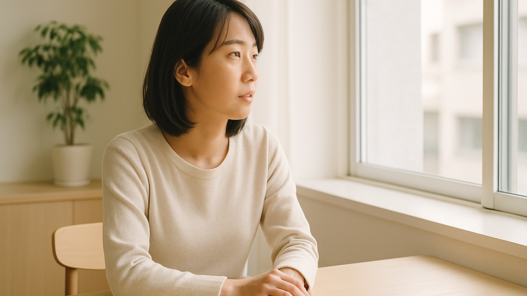 窓の外を見つめる女性——静かな物思いと前向きな一歩