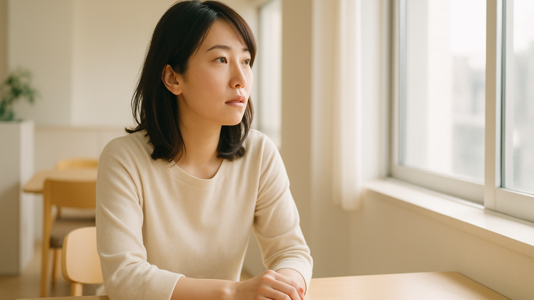 窓の外を見つめる女性——静かな物思いと前向きな一歩