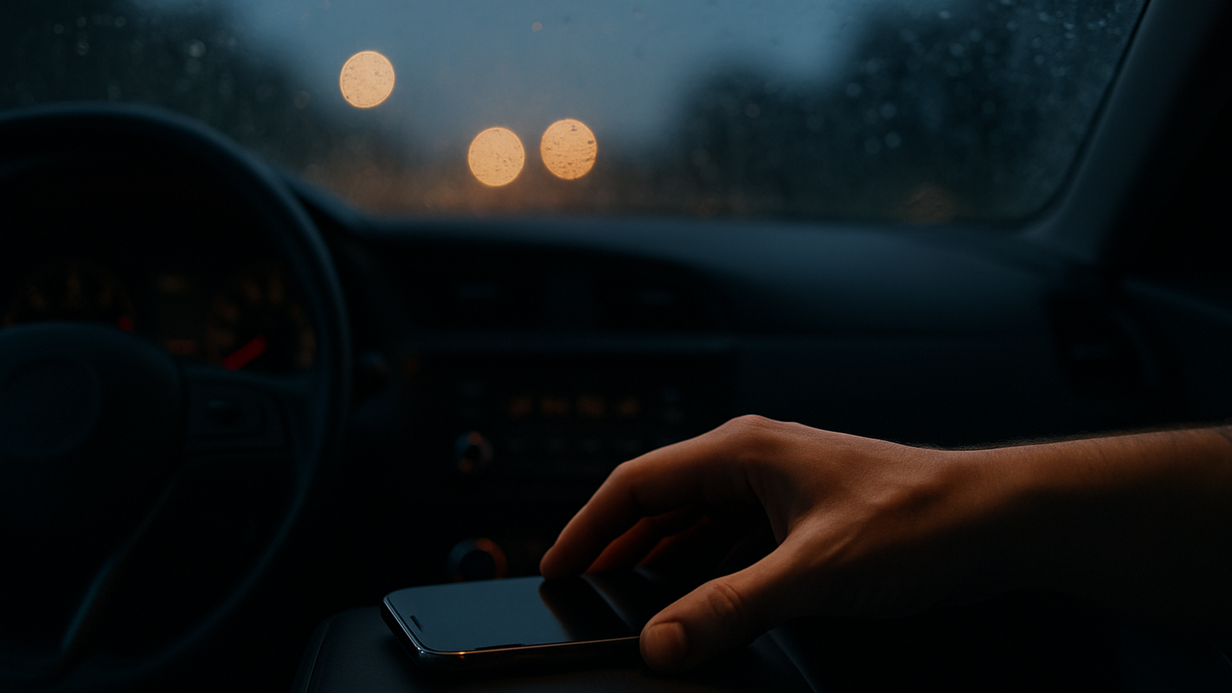車内でスマートフォンを置いて決意を固める様子