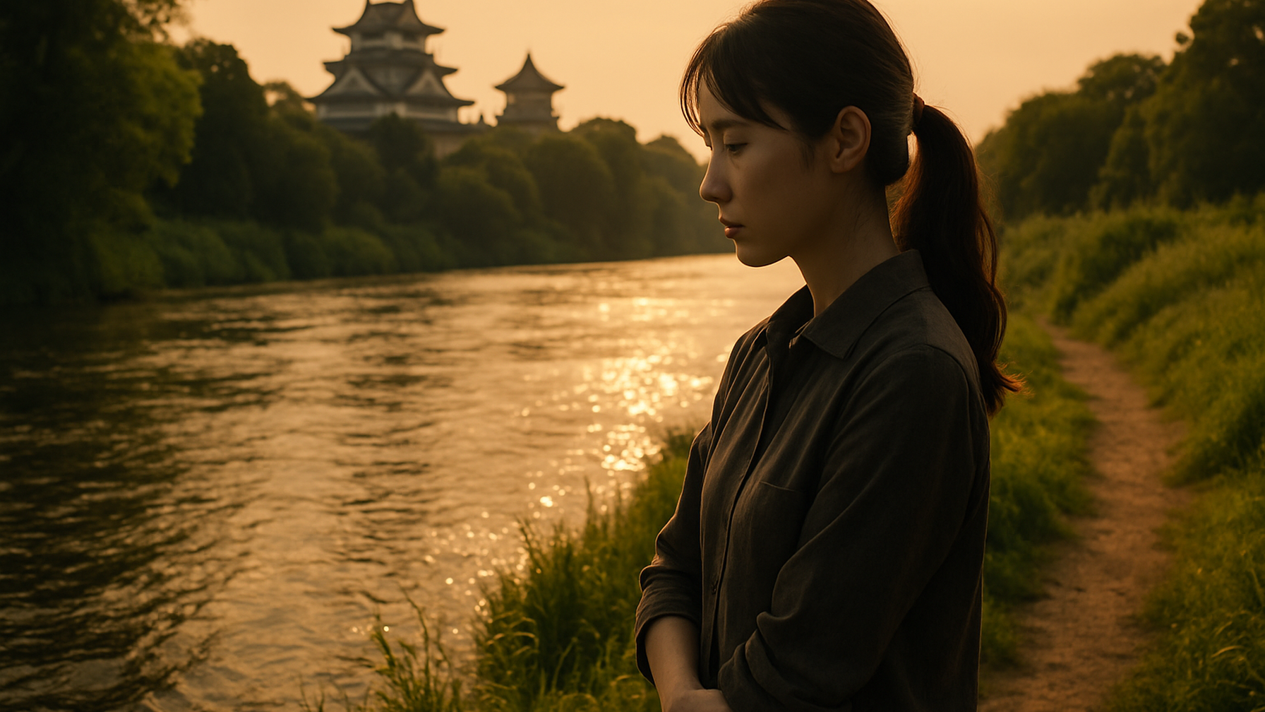 行田市の美しい風景を背景に、浮気調査を考える女性の姿