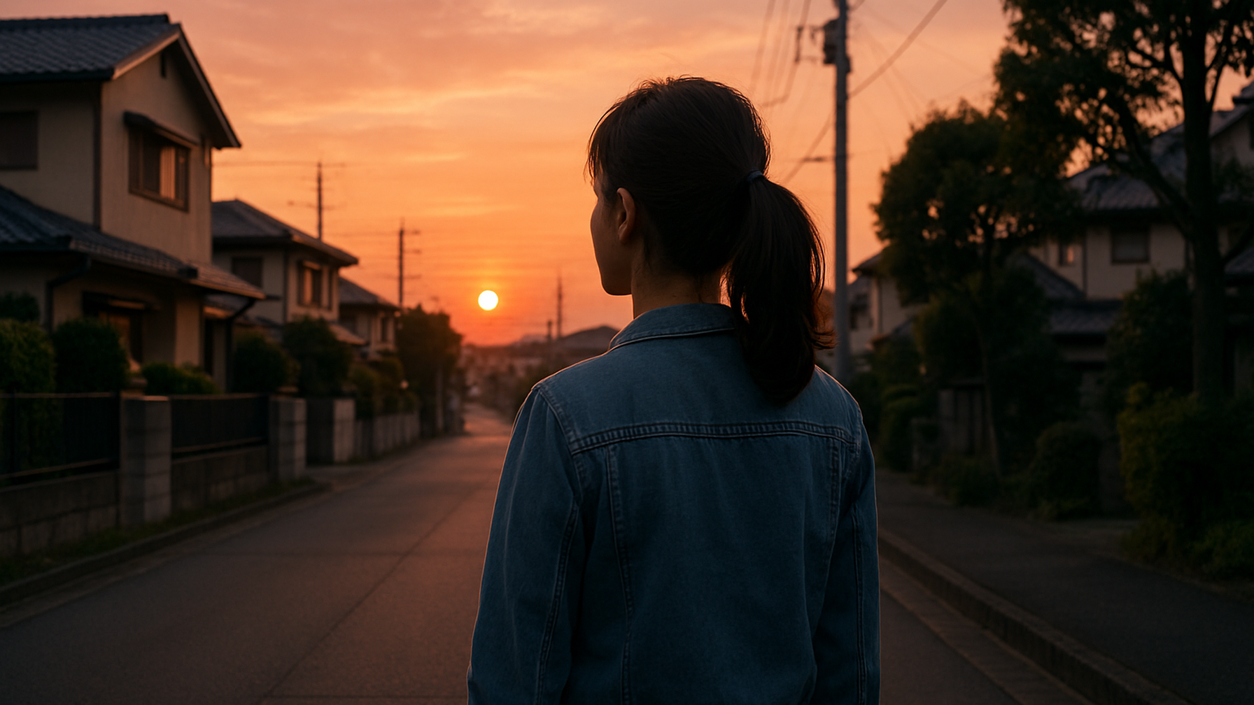 東大和市を背景にした内省的な女性の姿