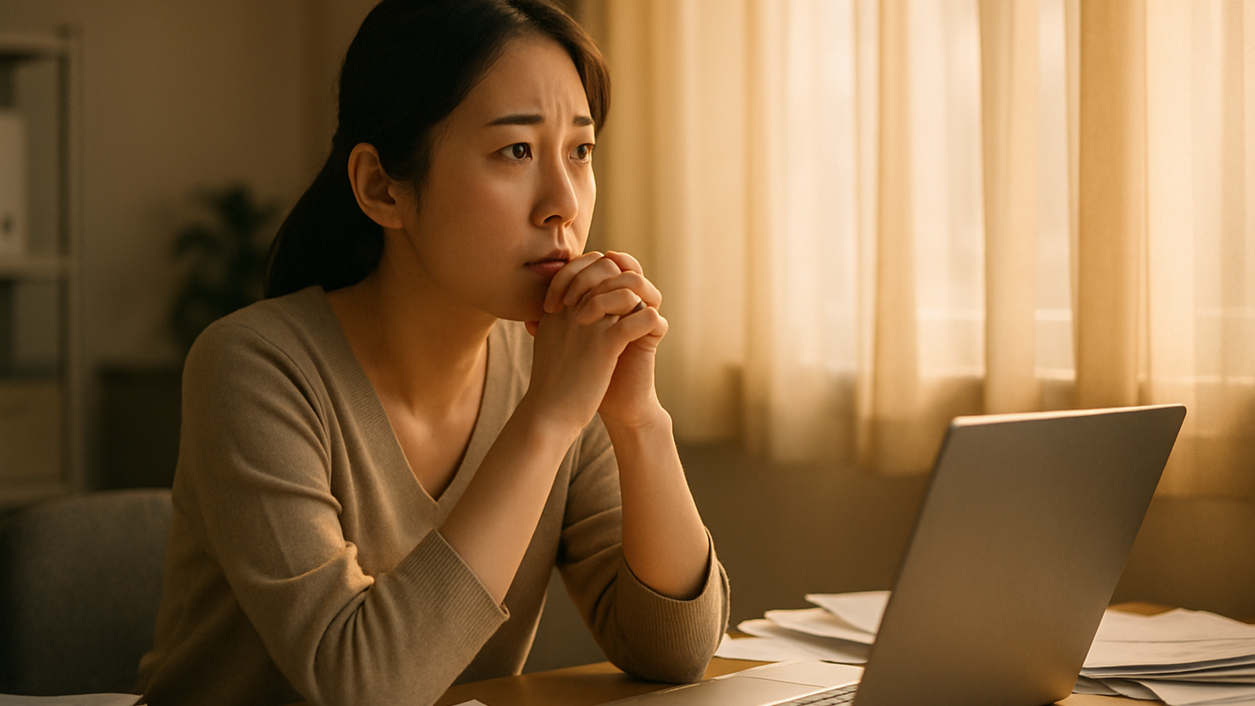 探偵に依頼することを考える不安を抱える女性の姿