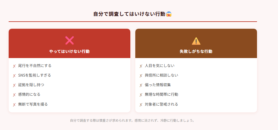 自分で調査してはいけない行動😱のチェックリスト図解