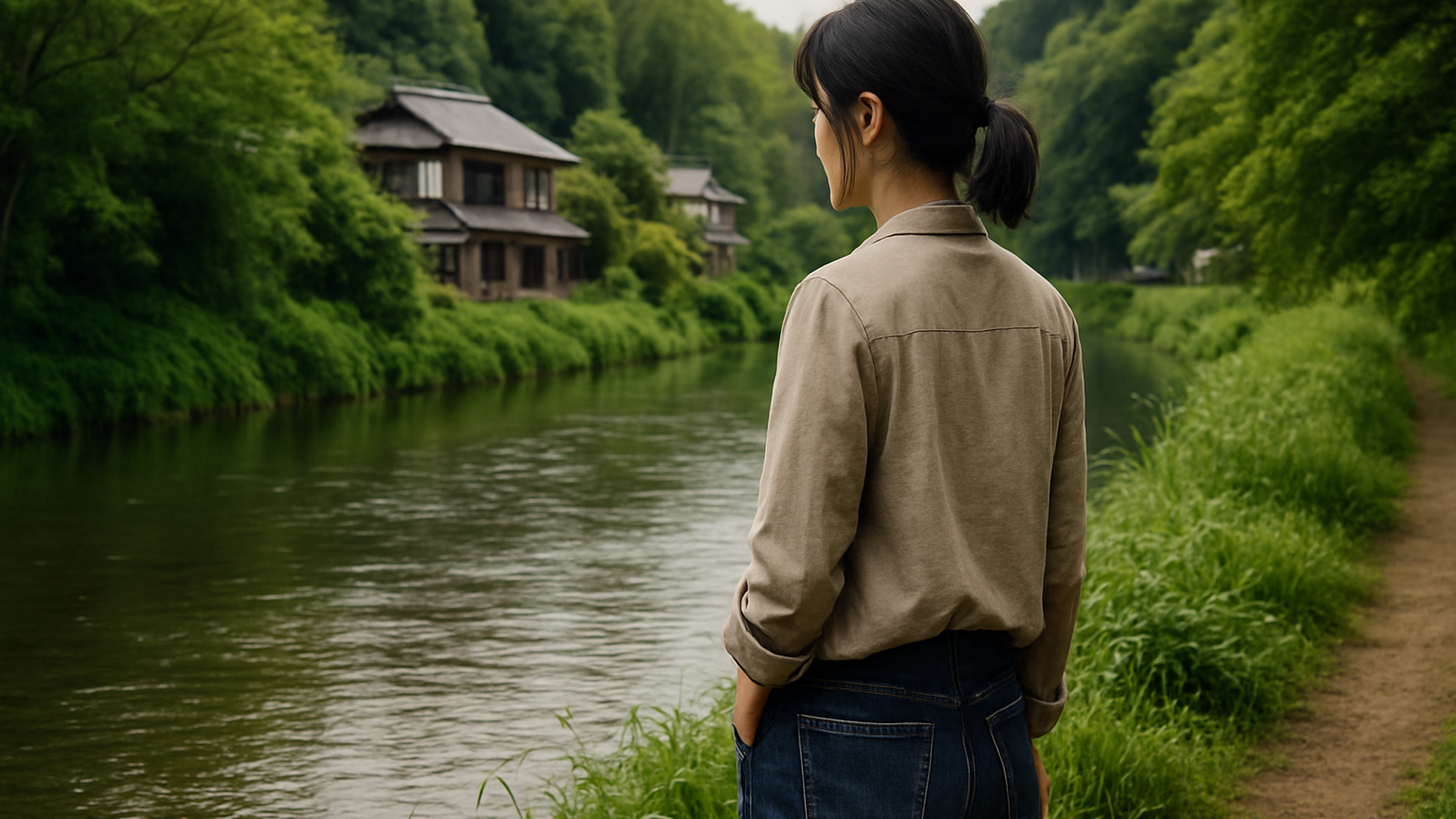 八街市の静かな川辺で浮気調査を考える女性